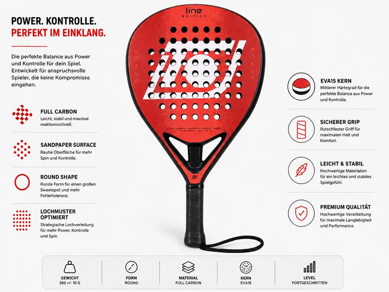Padelschläger Topspin Line Edition – 360g Full Carbon 3K, Sandpaper Oberfläche, EVA 15 Kern - red