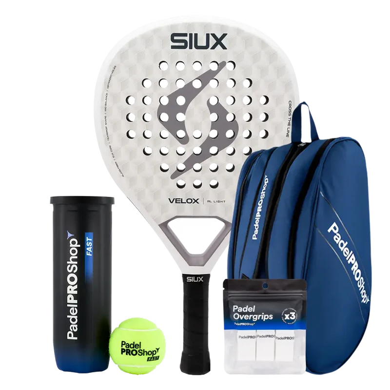 Pack Pala Siux Velox Rulo Light (Exclusiva PadelPROShop) + Paletero PadelPROShop azul + Bote de Pelotas PadelPROShop Fast + Pack 3 Overgrips PadelPROShop