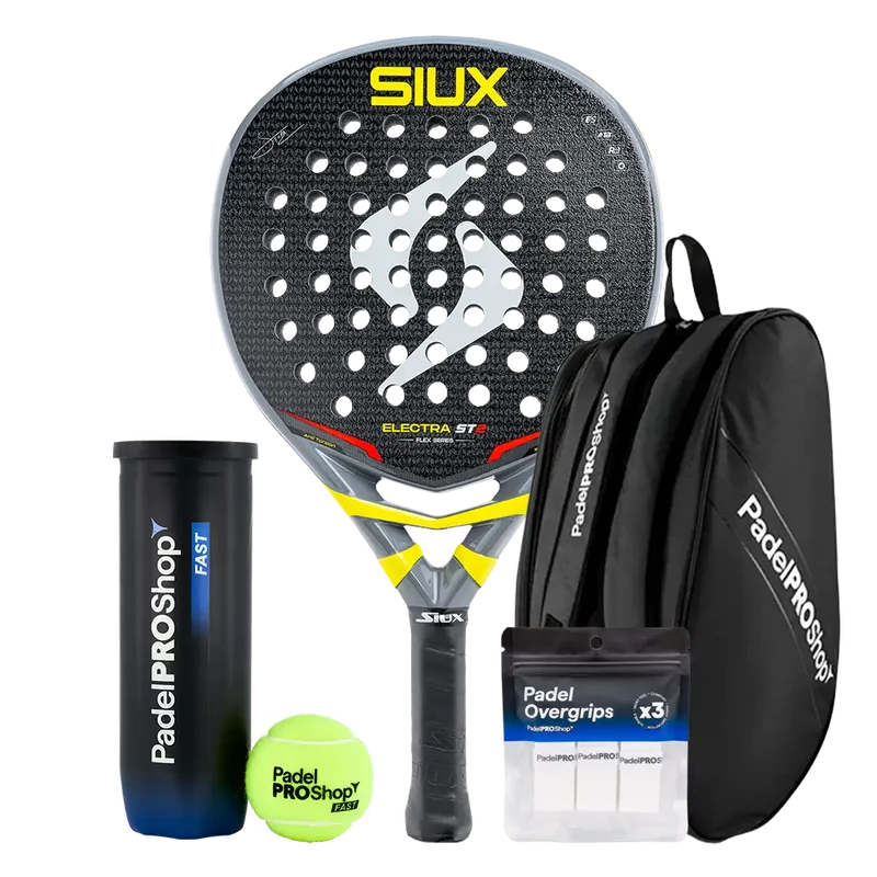 Pack Pala Siux Electra ST2 Flex 2026 (Exclusiva PadelPROShop) + Paletero PadelPROShop Negro + Bote de Pelotas PadelPROShop Fast + Pack 3 Overgrips PadelPROShop