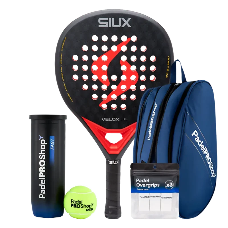 Pack Pala Siux Velox Rulo Black (Exclusiva PadelPROShop) + Paletero PadelPROShop azul + Bote de Pelotas PadelPROShop Fast + Pack 3 Overgrips PadelPROShop