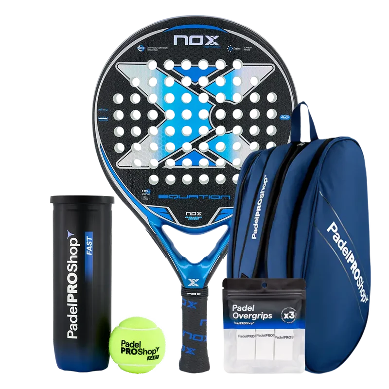 Pack Pala Nox Equation Advanced Series (Exclusiva PadelPROShop) + Paletero PadelPROShop azul + Bote de Pelotas PadelPROShop Fast + Pack 3 Overgrips PadelPROShop