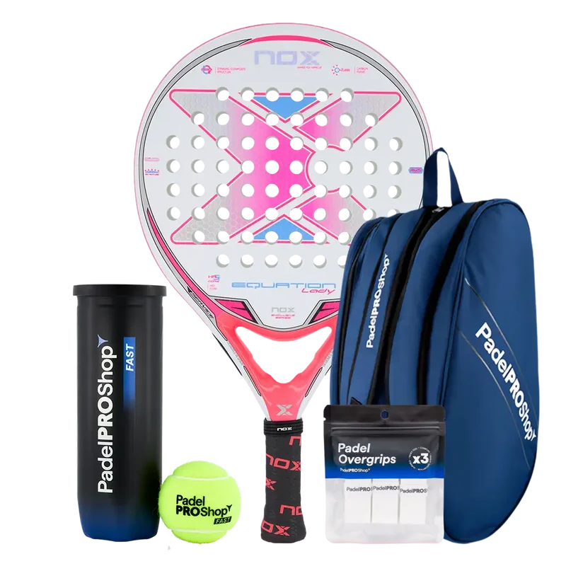 Pack Pala Nox Equation Lady Advanced Series (Exclusiva PadelPROShop) + Paletero PadelPROShop azul + Bote de Pelotas PadelPROShop Fast + Pack 3 Overgrips PadelPROShop