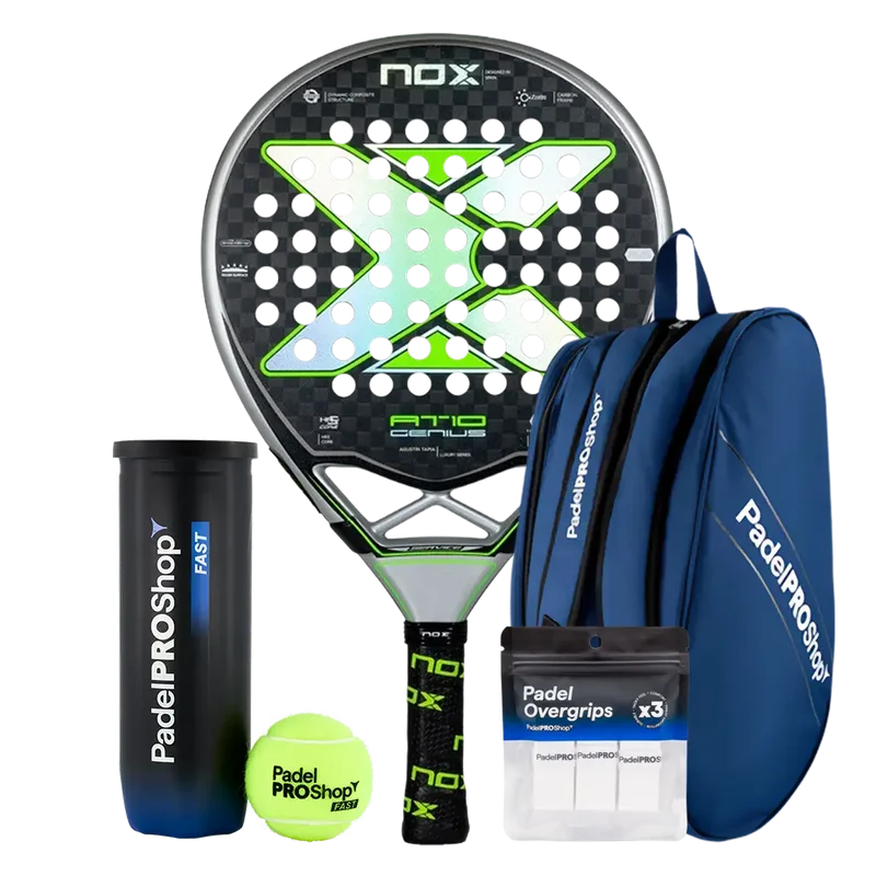Pack Pala Nox AT10 Genius 12K Limited Edition Agustín Tapia (Exclusiva PadelPROShop) + Paletero PadelPROShop azul + Bote de Pelotas PadelPROShop Fast + Pack 3 Overgrips PadelPROShop
