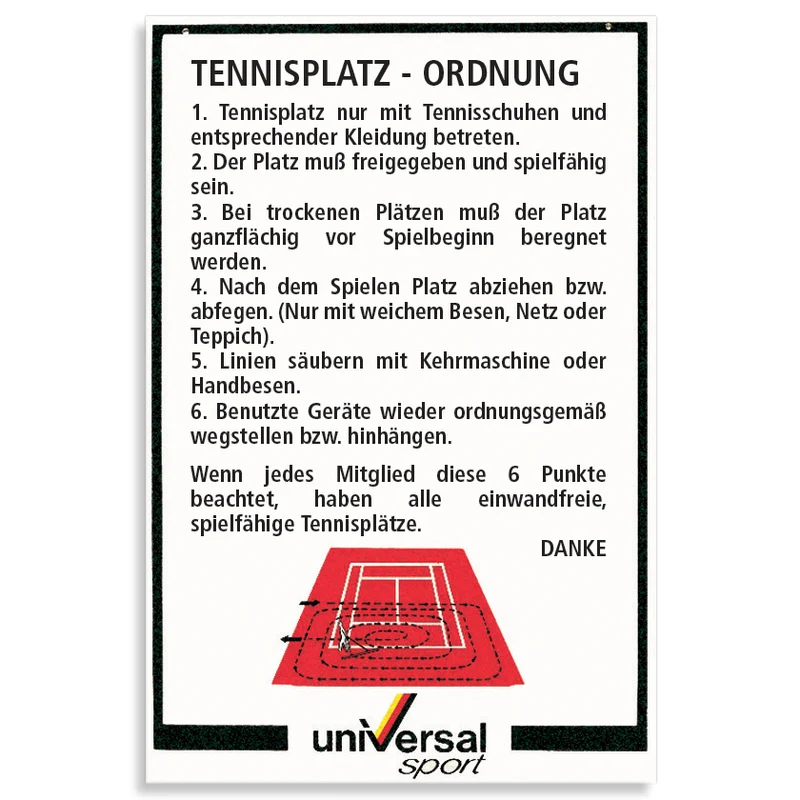 Tennisplatz Platzordnungsschild mit Fegebild