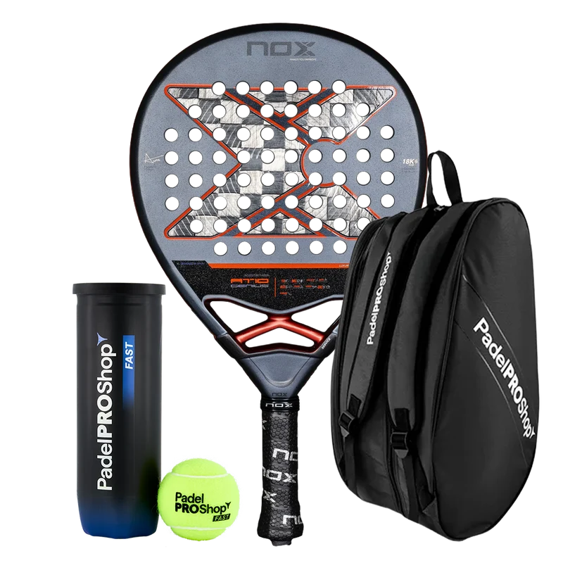 Pack Nox AT10 Genius 18K Alum 2025 Agustín Tapia + Paletero PadelPROShop Negro + Pelotas PadelPROShop Fast